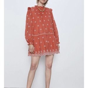 LAST ONE!!! ZARA women's Medium Orange A-Line Ruffled Short Dress Eyelet Summer